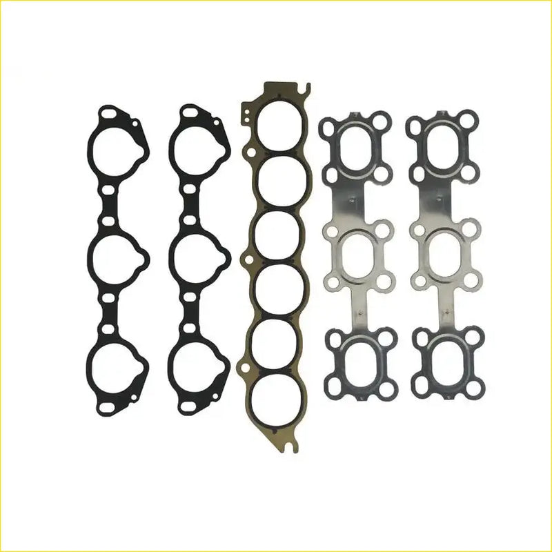 Set of black and metallic engine head gaskets with circular cutouts for nissan teana 35l 24v vq35de manifold