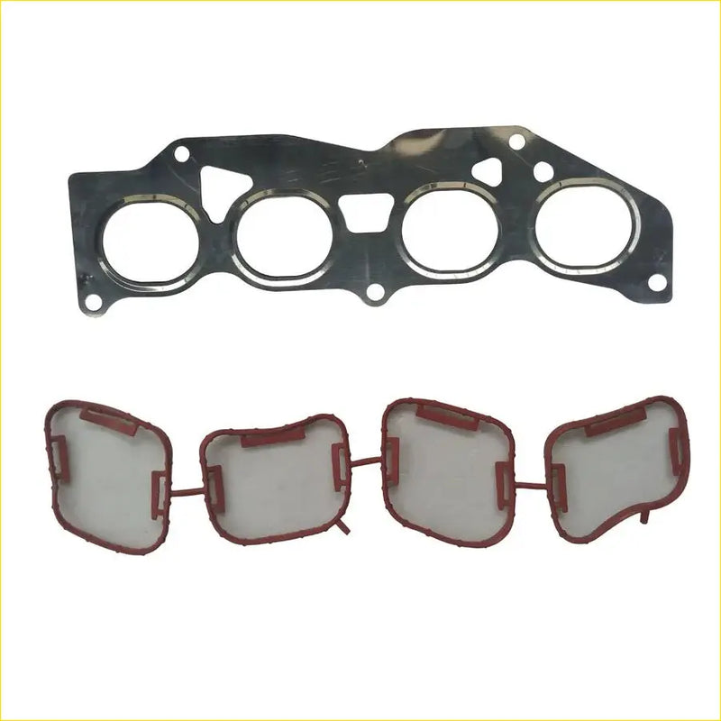 Metallic engine head gasket with four circular openings and red plastic air filter covers for toyota highlander camry zelas