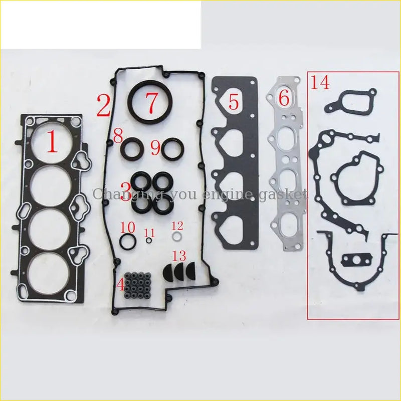 Black rubber engine gasket set with metallic parts and multiple circular seals for hyundai elantra 1.8l from gasket pro