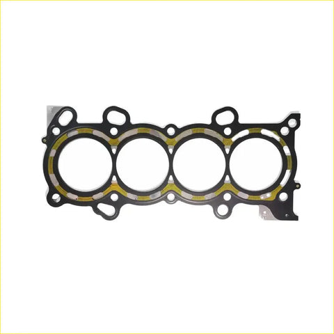 Black metal cylinder head gasket with four circular openings and yellow sealing strips for honda accord cm5 k24a4