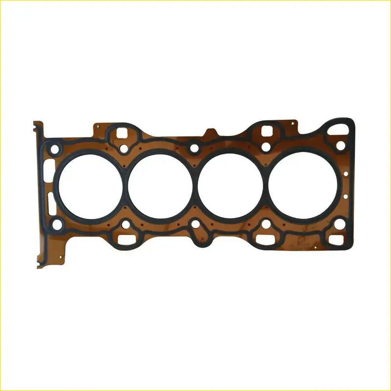 Brown and black metal cylinder head gasket with four circular openings for mazda 6 and mazda 5 engines