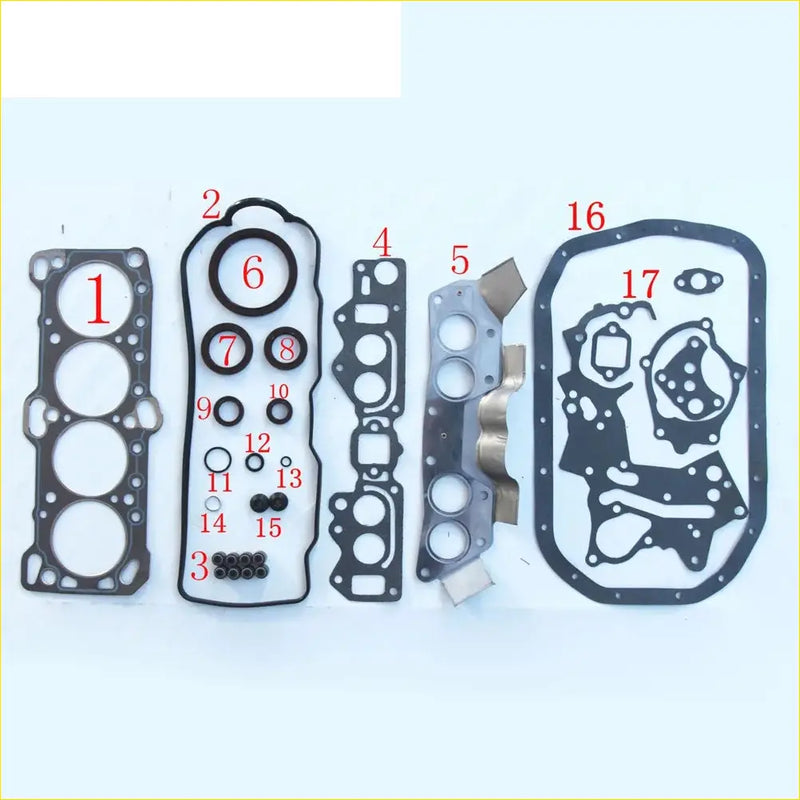 Black rubber gasket set with metallic parts and numbered components for mitsubishi l300 pajero starion 4g63 engine