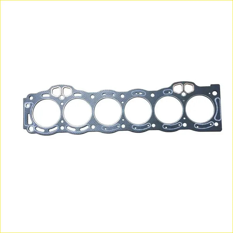 Metallic gray cylinder head gasket with five circular openings and cutouts for toyota cressida 1ge engine use