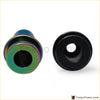 Rainbow titanium-plated and black plastic gear shift knob boot retainer adapters with central hole and smooth cylindrical design