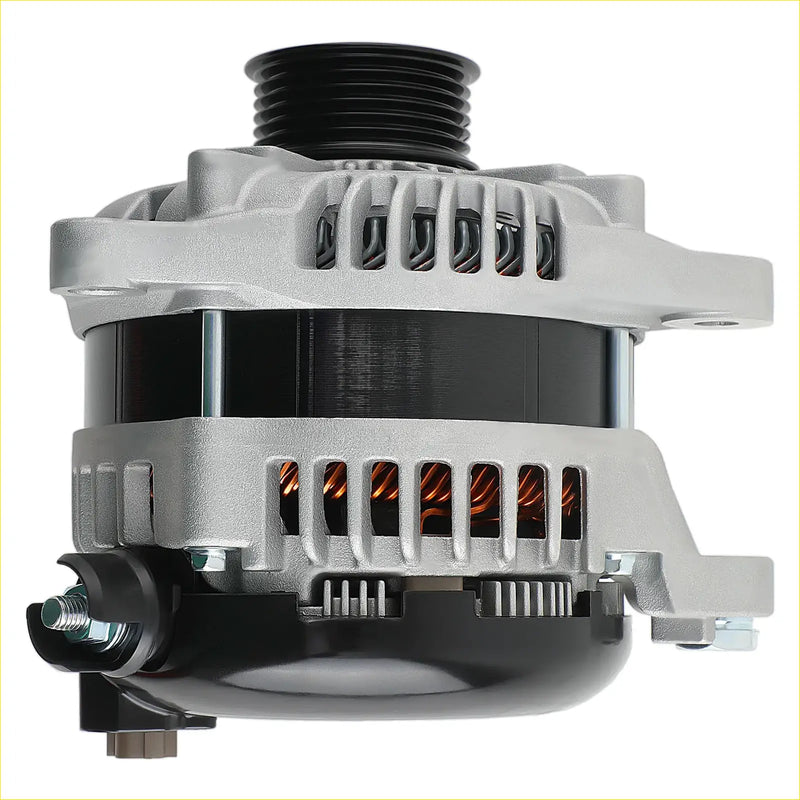 Silver and black aluminum generator alternator with cooling fins and copper windings for ford truck f-150 v8 5.0l 2011-2014
