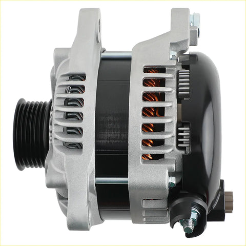 Silver and black automotive alternator with visible copper windings for ford truck f-150 v8 5.0l 2011-2014