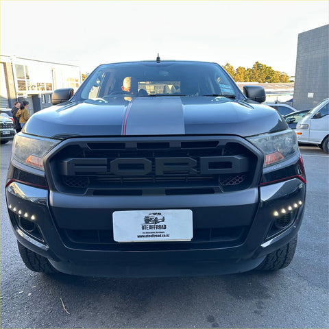 Black ford ranger px2 grille 2016-2018 with matte finish and bold red racing stripes on hood