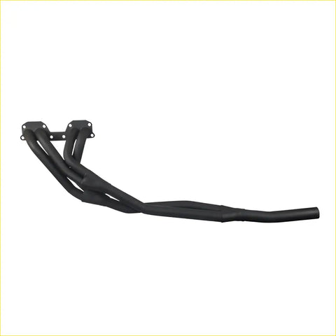 Black matte mandrel bent exhaust manifold with four tubes and mounting brackets for toyota hilux 2wd 22r, back view