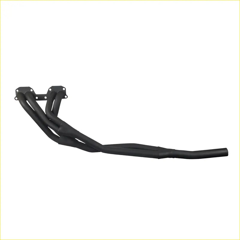 Black matte mandrel bent exhaust manifold with four tubes and mounting brackets for toyota hilux 2wd 22r, back view