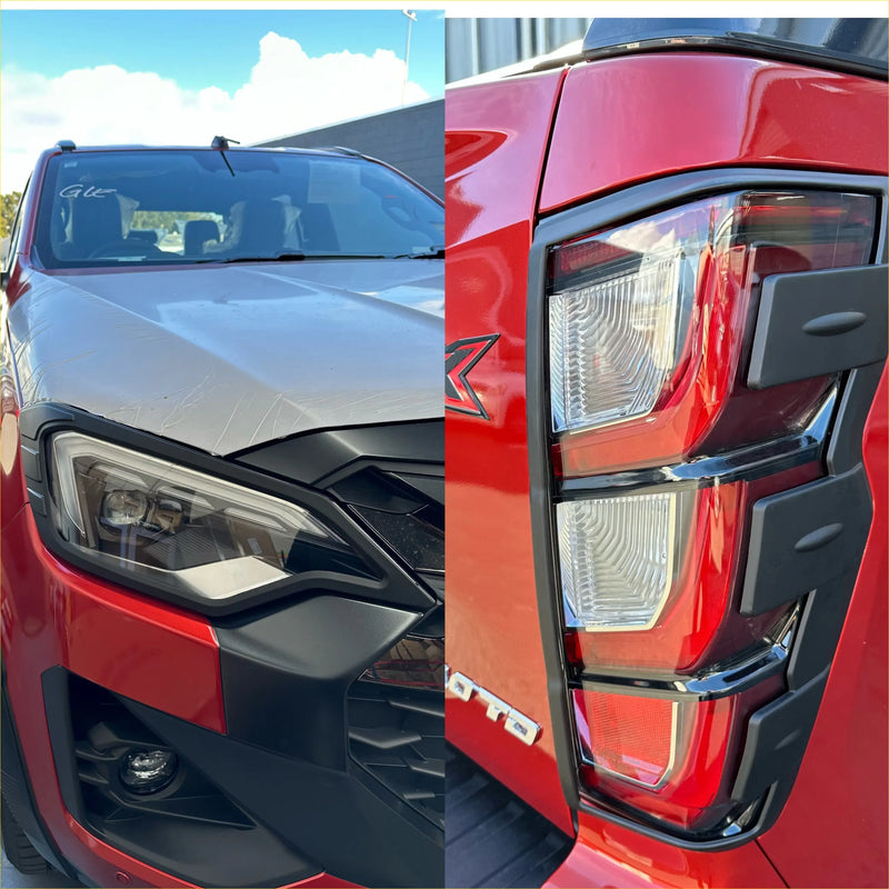 Red and black mitsubishi triton with sleek led headlights and bold taillights featuring matte black headlight and taillight covers