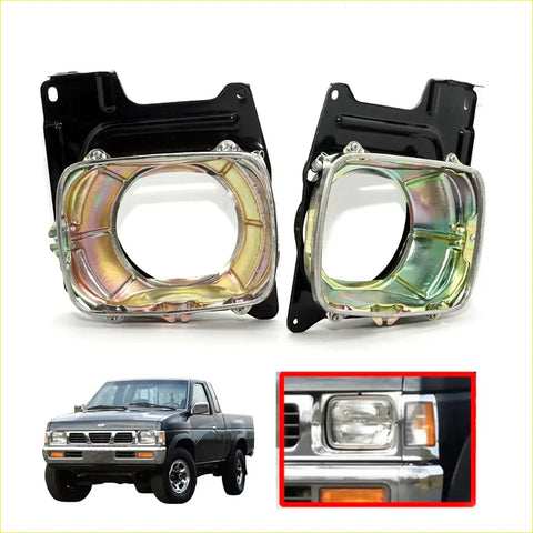 Black metal headlight housing bracket set with iridescent multi-colored lenses for Nissan Navara Datsun D21 1986-1997