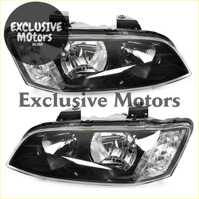 Black plastic headlights with clear lens and chrome accents for holden commodore ve sv6 ss series 2 2010-2013