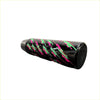 Black cylindrical hks pattern gear knob with vibrant pink and green splatter paint design for car interior use