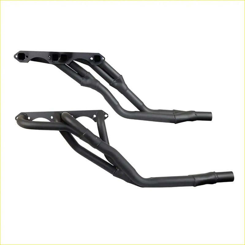 Black aftermarket performance exhaust manifolds with sleek curved design and polished metal for holden hz-wb chev v8