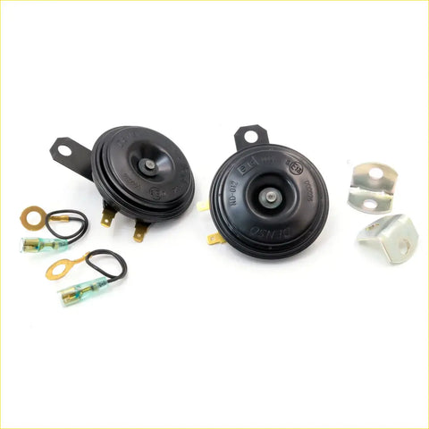 Black plastic motorcycle horns with gold mounting brackets and wiring for mazda 1000 to 1800 models back view