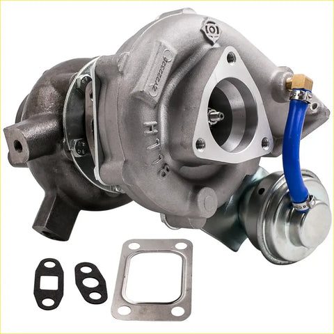 Silver metallic ht18-2 turbo turbocharger with blue hose and chrome accents for ford maverick 4.2l d td42t 1988-1994