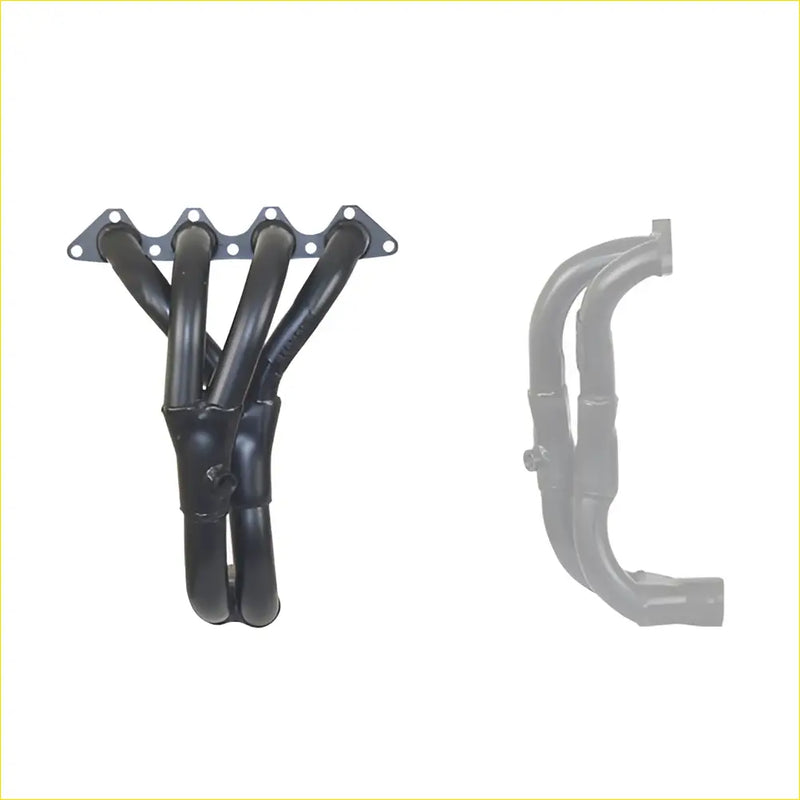 Black rubberized exhaust manifold with four tubes and mounting plate for hyundai excel 12v sohc gasket dsf749 back view