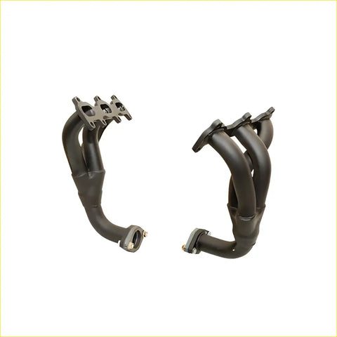 Black metal exhaust manifolds with a matte finish for hyundai tiburon 2002 gasket dsf821 showing four pipe sections