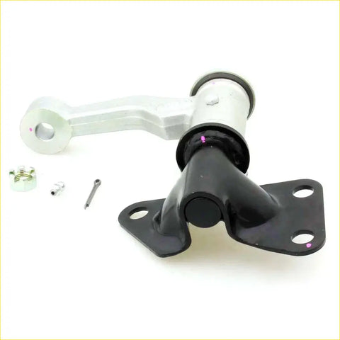 Black and silver metal idler arm mount with flanged base plate for Nissan Datsun King Cab D21 1985-1999