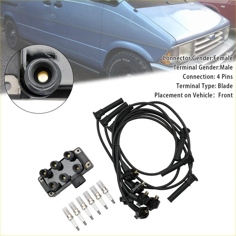 Black ignition coil pack with four terminals, black spark plug wires, and silver-tipped spark plugs for ford explorer sport trac