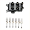 Black ignition coil with six terminals and mounting bracket plus six white spark plugs for ford f150 e150 taurus