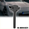 Black ignition coil for Toyota 1996-2002 with rectangular housing cylindrical stem and multipin connector backside view