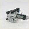 Silver metal ignition door fuel cap lock with keyhole and black wiring mounted on digital caliper for toyota hilux models