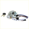 Silver metal ignition lock switch with keys for Mazda B series showing back with wiring harness and black connectors
