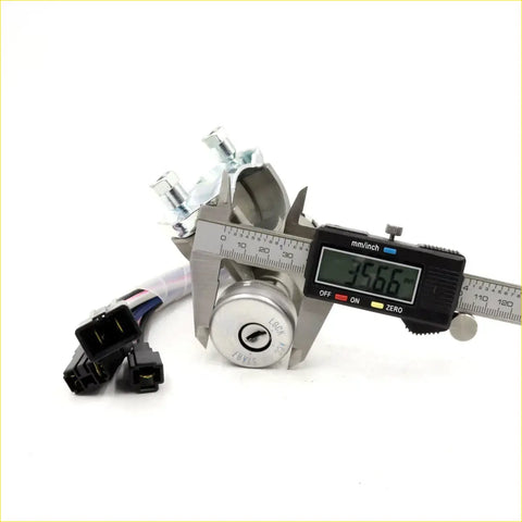 Silver ignition steering door lock for mazda bongo e-series with keyhole and wiring measured by digital caliper