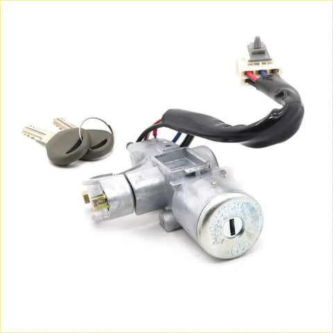 Silver metal ignition switch with keyhole and black wiring harness with two keys for nissan navara d22 np300 terrano