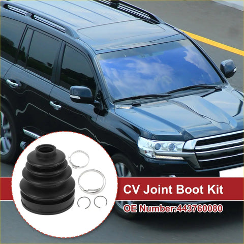 Black rubber inner cv joint boot kit with silver metal clamps for 1998-2007 toyota land cruiser shown from back side
