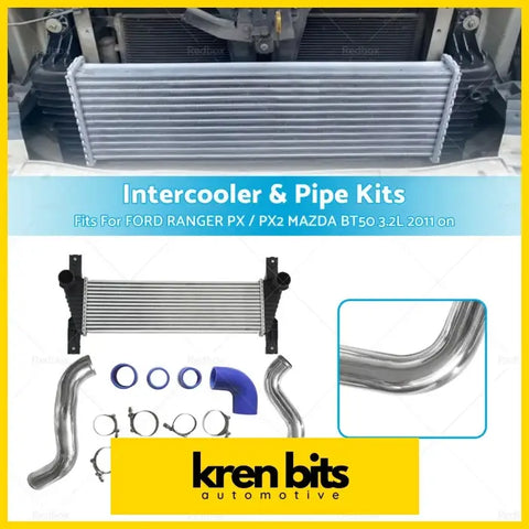 Silver aluminum intercooler with black mounts and chrome pipes for ford ranger px px2 mazda bt50 32l performance kit