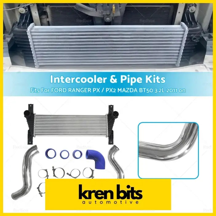 Silver aluminum intercooler with black mounts and chrome pipes for ford ranger px px2 mazda bt50 32l performance kit