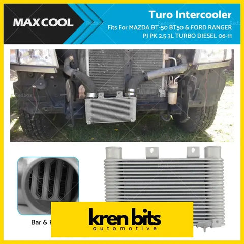 Silver metallic turbo intercooler with ribbed rectangular design and mounting brackets for mazda bt-50 and ford ranger