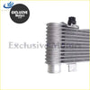 Silver metallic car air conditioning condenser with black plastic connector and mounting bracket for ford courier and mazda bounty diesel