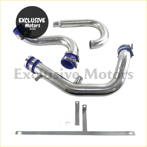 Chrome finished aluminum turbo intake manifold kit with blue hose clamps for mitsubishi evolution vii-viii-ix intercooler pipes