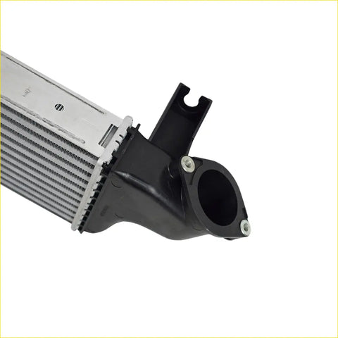Silver and black automotive intercooler with finned core plastic bracket and threaded fittings for mitsubishi pajero sport and triton