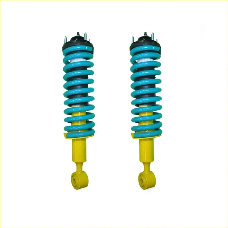 A pair of vibrant turquoise and yellow dobinsons twin tube nitro gas coil-over shocks with black top mounts for isuzu mu-x ucs85