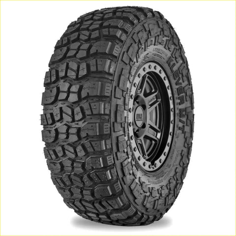 Black rubber kenda klever mt2 off-road tire with aggressive tread on dark alloy wheel 295 70 r17 mounted