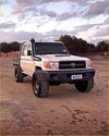 Cream-colored Toyota Land Cruiser 70 pickup with Kenda Klever MT2 35x12.5 R20 rugged off-road tires and black bumper