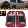 Back side of red and black led tail lights with modern angular design for dodge ram 1500 trucks 2019 plus