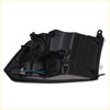 Black plastic left chrome headlamp housing with wiring and mounts for dodge ram 2009 to 2018 shown from back side