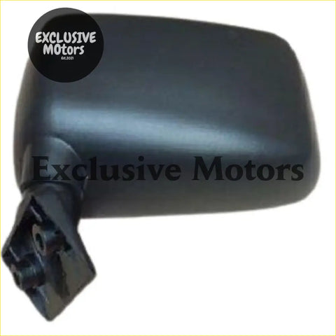 Left-hand mirror skin mount for ford courier with glossy black plastic side mirror and molded mounting bracket visible from back