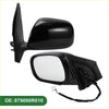 Left side door mirror for toyota rav4 manual folding glossy black plastic with rectangular glass and wiring harness shown from back