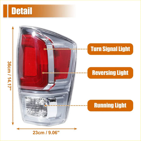 Left side led tail light assembly for toyota tacoma 2016-2021 clear plastic with red and clear sections showing lights