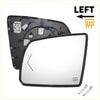 Black-framed left heated side mirror glass with heating icon for toyota tundra 2007-2021 showing back side