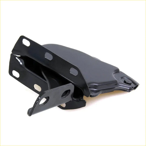Black painted metal left hand bonnet hinge bracket with multiple mounting holes for toyota hilux ln rn series 1978-1983