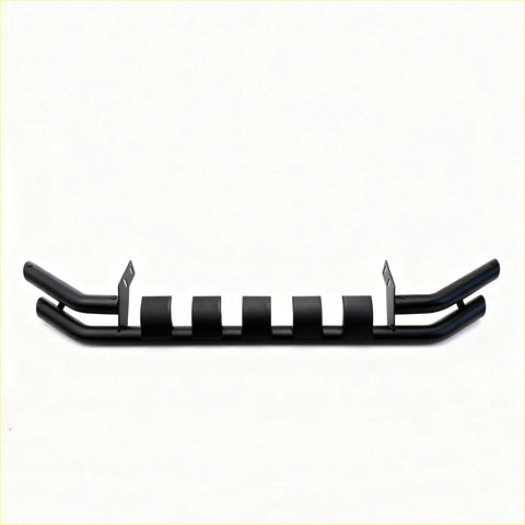 Black metal rear bumper guard with five rectangular slots and curved end caps for volkswagen amarok 2023+
