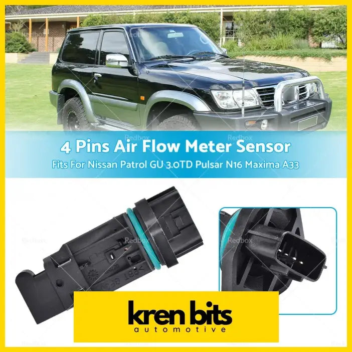 Black plastic 4-pin mass air flow meter sensor with teal rubber gasket for Nissan Patrol GU 3.0TD Pulsar N16