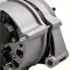 Silver metallic maxpeedingrods 12 v 85 a alternator with black connectors and textured surface for holden cars